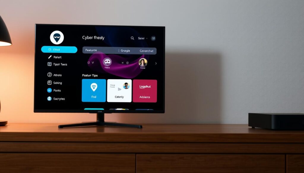 Generate an image of CyberGhost's user interface on a streaming device, highlighting its user-friendly features.