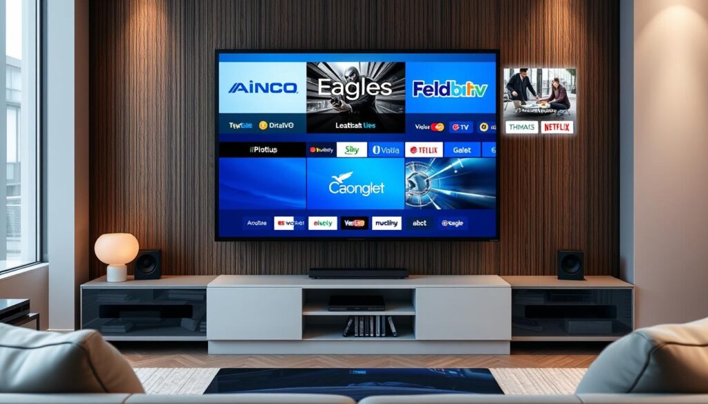 Generate an image of EagleCast TV's multi-view feature displaying multiple channels simultaneously.