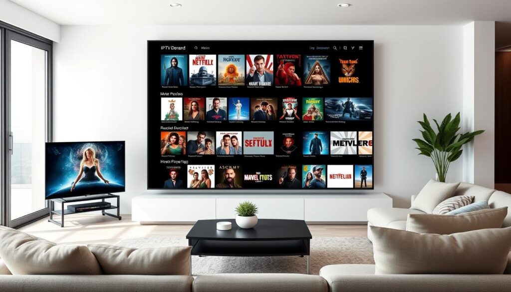 Generate an image of IPTV Geeks' VOD library on a screen.