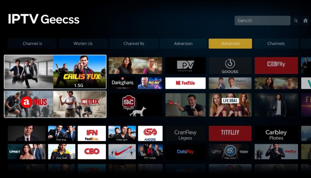 Generate an image of IPTV Geeks' interface showcasing its extensive channel lineup and advanced features. Generate an image of IPTV Geeks' interface showcasing its extensive channel lineup and advanced features.
