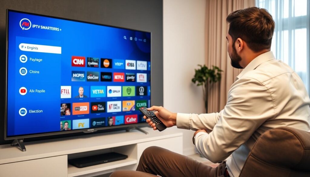 Generate an image of IPTV Smarters Pro interface on a smart TV, showcasing its user-friendly menu and multiple channel options.