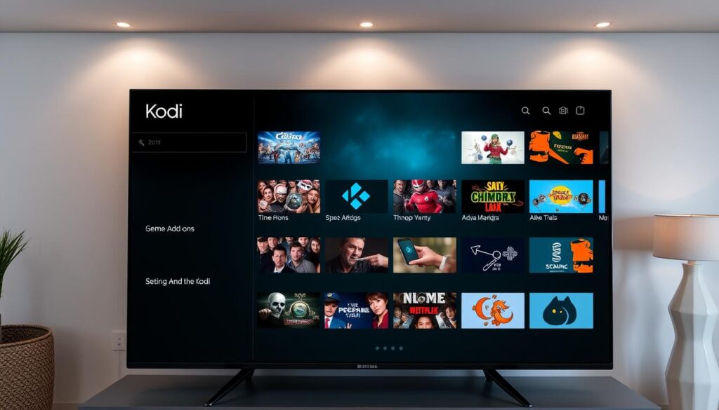 Generate an image of Kodi interface with various add-ons.