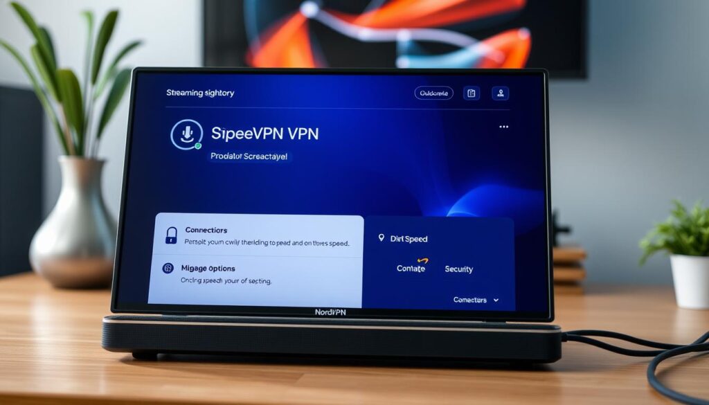 Generate an image of NordVPN's interface on a streaming device, highlighting its speed and security features.