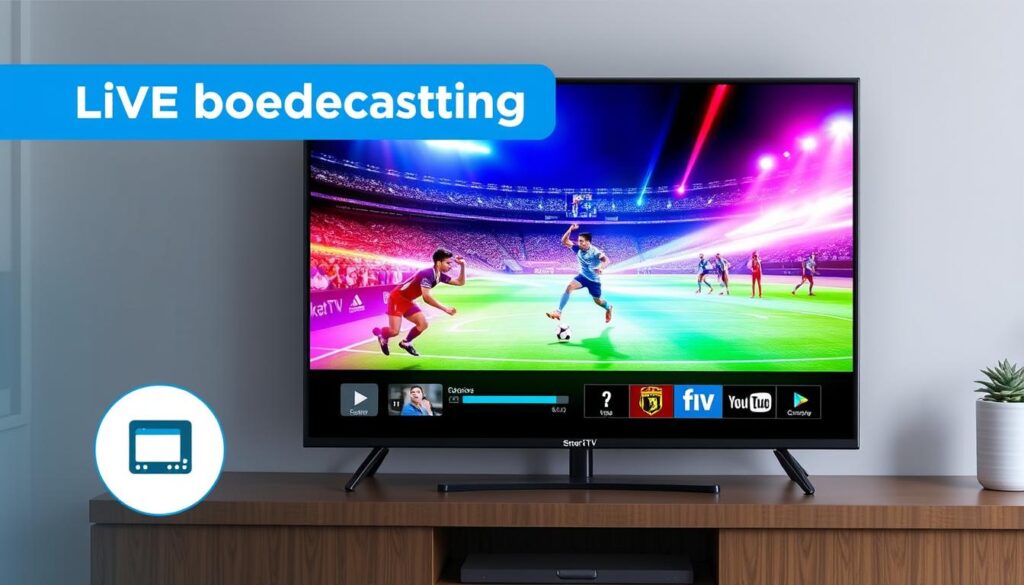 Generate an image of Smart IPTV's live broadcasting feature on a smart TV, showcasing its minimal buffering and high-quality video.