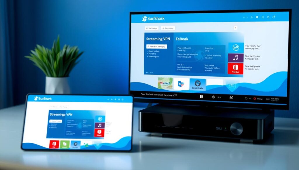 Generate an image of Surfshark VPN interface on a streaming device.