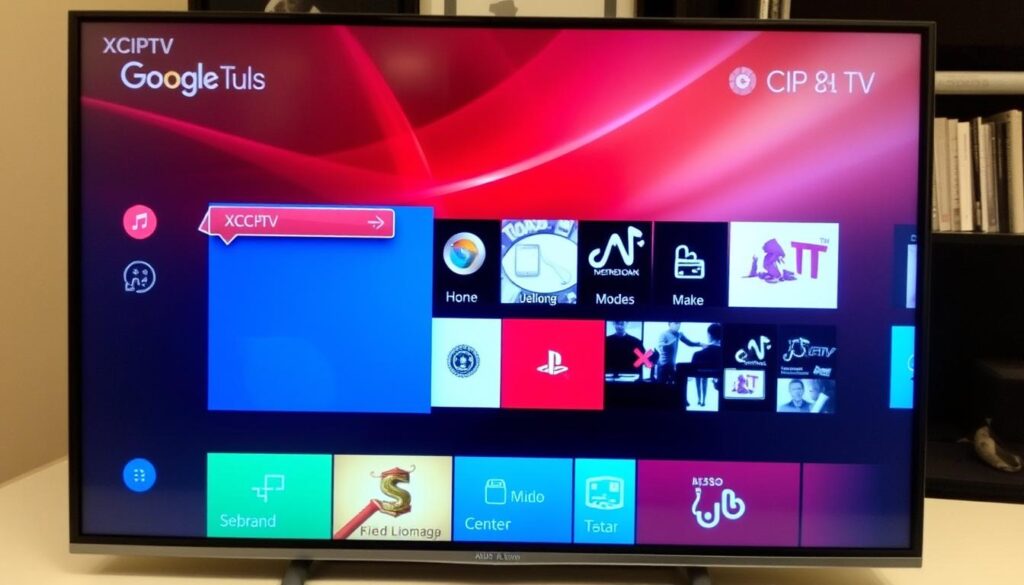 Generate an image of XCIPTV Player's interface on a Google TV. Generate an image of XCIPTV Player's interface on a Google TV.