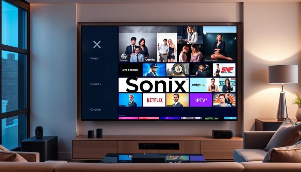 Generate an image of a Canadian TV screen displaying various channels with a prominent Sonix IPTV logo. Generate an image of a Canadian TV screen displaying various channels with a prominent Sonix IPTV logo.