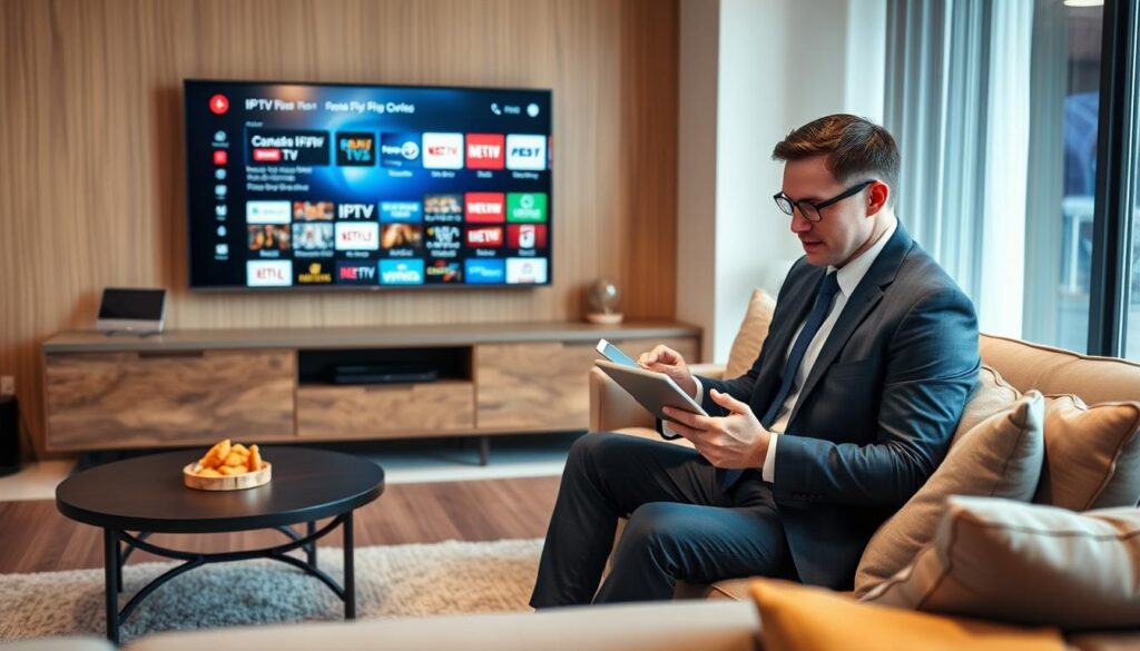 Generate an image of a Canadian TV viewer comparing different IPTV services on their tablet