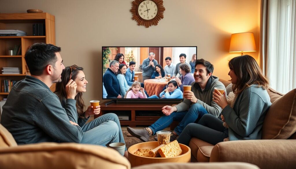 Generate an image of a Canadian family enjoying their favorite TV show on a budget-friendly IPTV service.