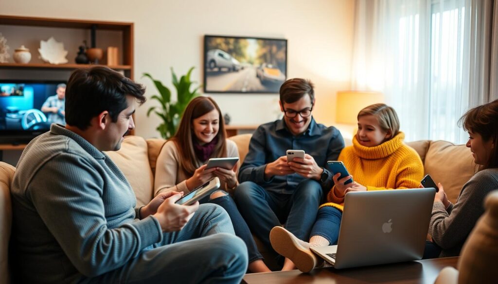 Generate an image of a Canadian family using multiple devices to stream IPTV content simultaneously.