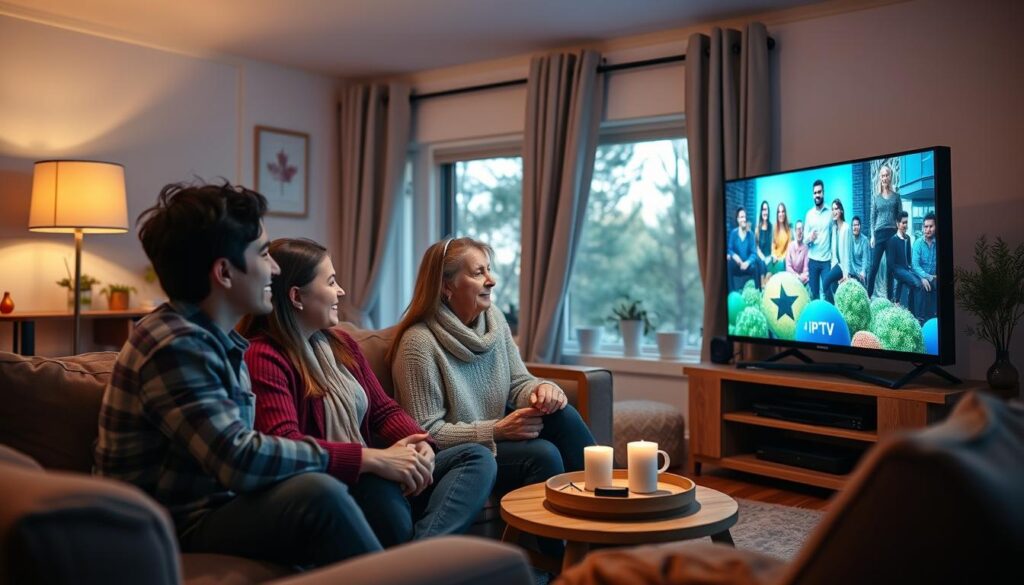Generate an image of a Canadian family watching TV together using IPTV service
