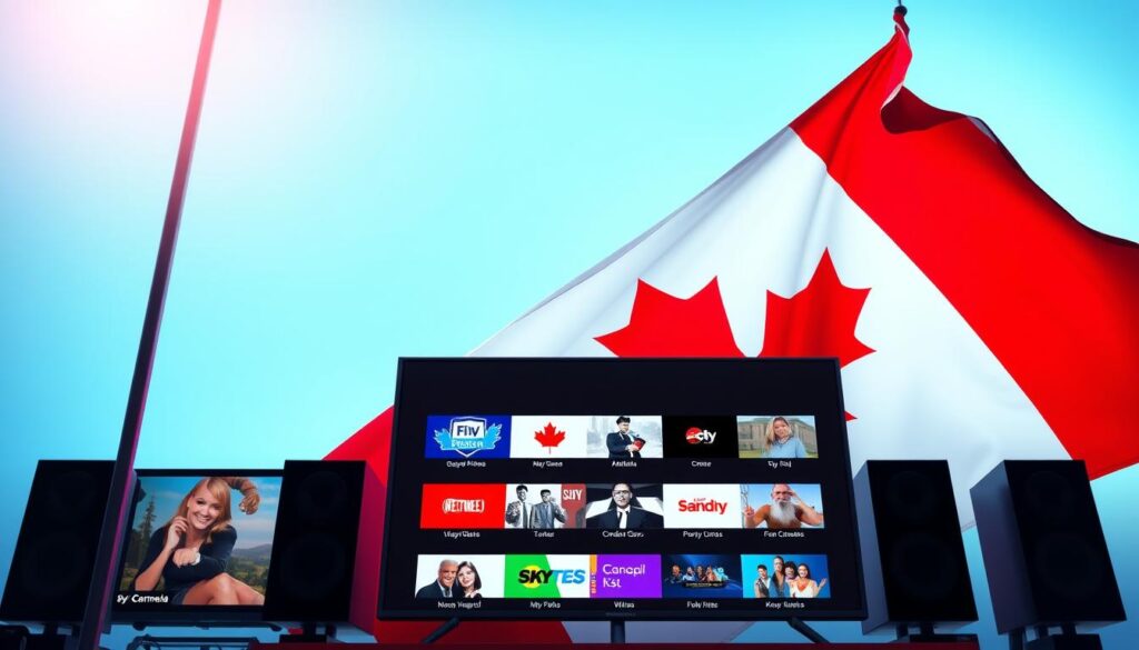 Generate an image of a Canadian flag waving in the background with a TV screen displaying various channels in the foreground.