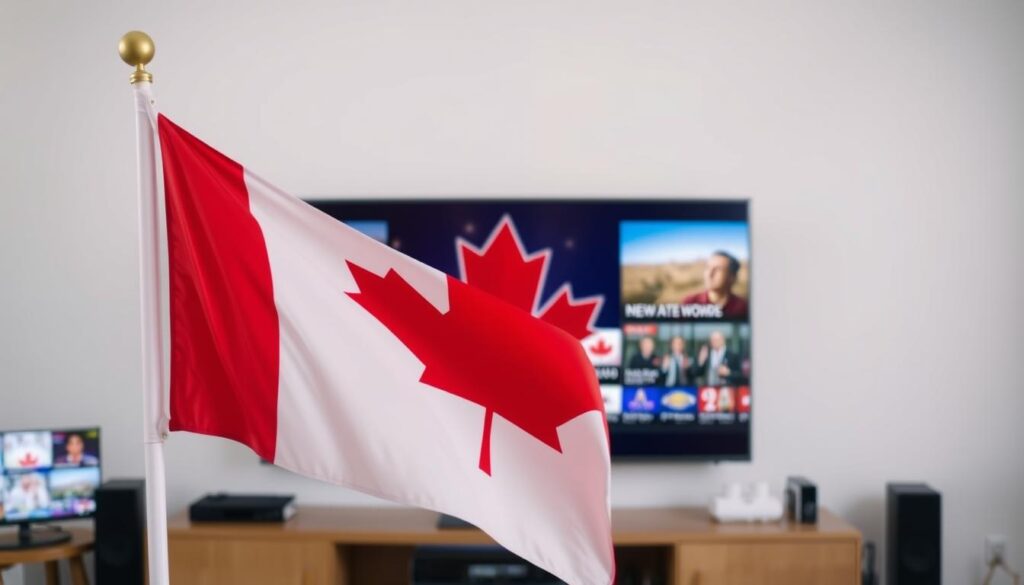 Generate an image of a Canadian flag waving with a TV screen displaying various channels in the background.