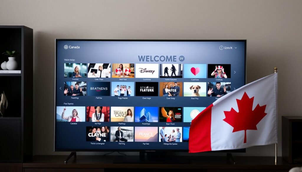 Generate an image of a Canadian flag with a TV screen displaying various channels.