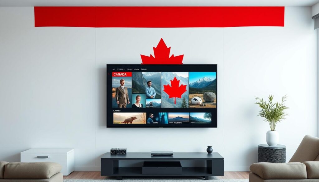 Generate an image of a Canadian flag with a TV screen displaying various channels