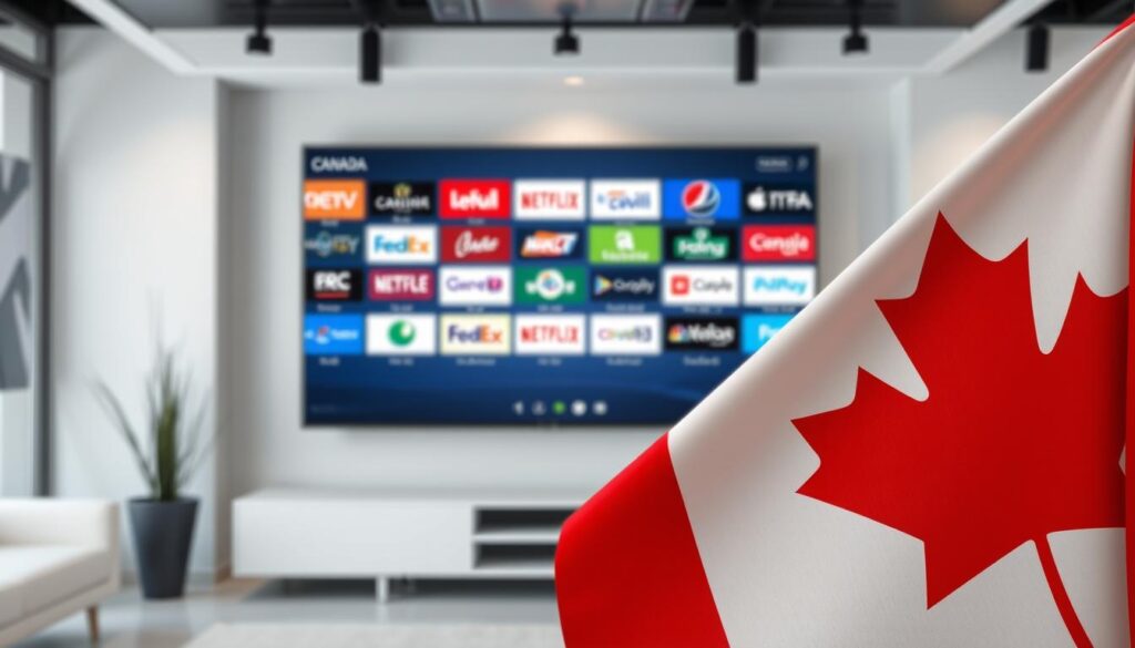 Generate an image of a Canadian flag with a TV screen displaying various channels in the background. Generate an image of a Canadian flag with a TV screen displaying various channels in the background.