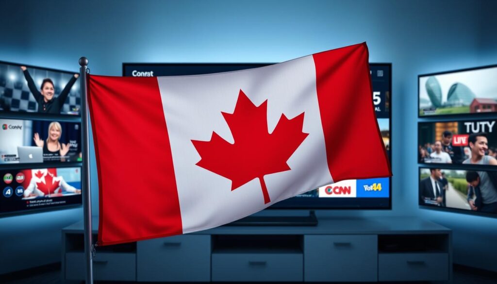 Generate an image of a Canadian flag with a TV screen displaying various channels in the background.