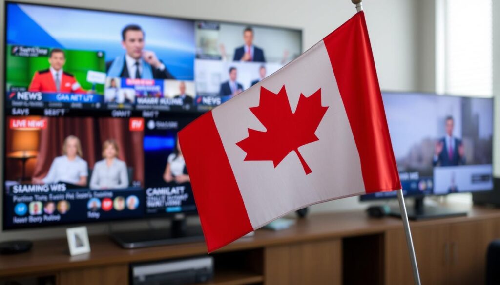 Generate an image of a Canadian flag with a TV screen displaying various channels in the background.