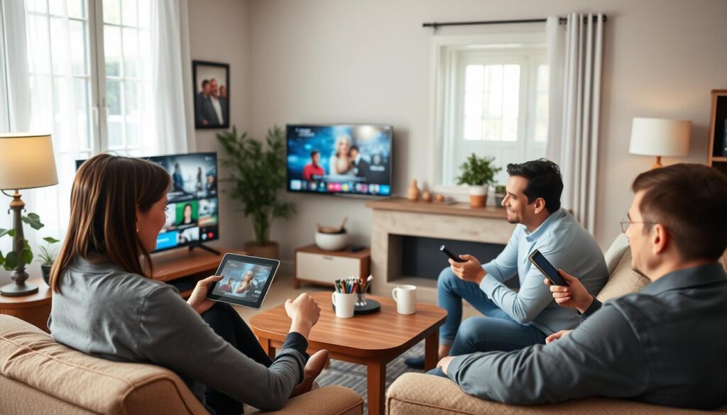 Generate an image of a Canadian household with multiple devices streaming Kick IPTV.