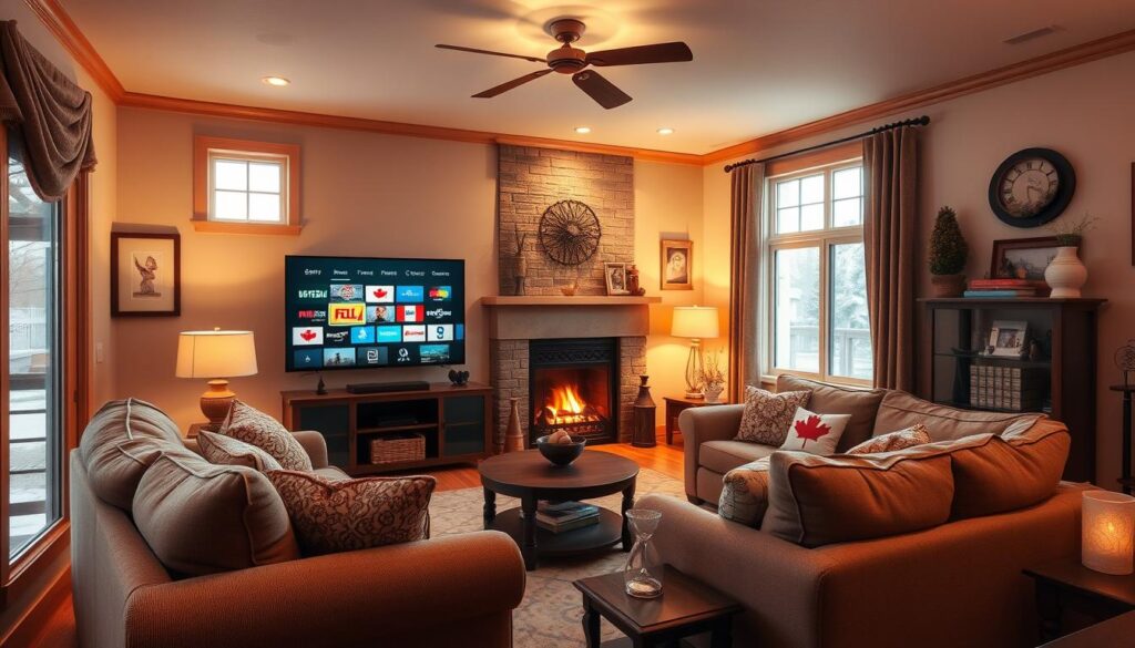 Generate an image of a Canadian living room with a TV displaying various Canadian channels through Sonix IPTV