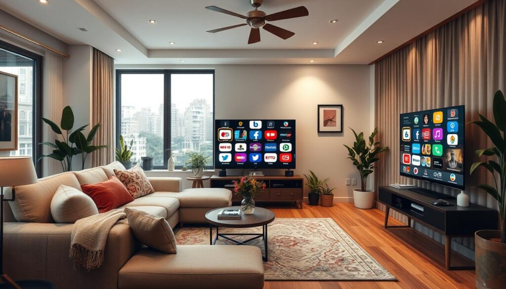 Generate an image of a Canadian living room with a TV displaying various international channels.