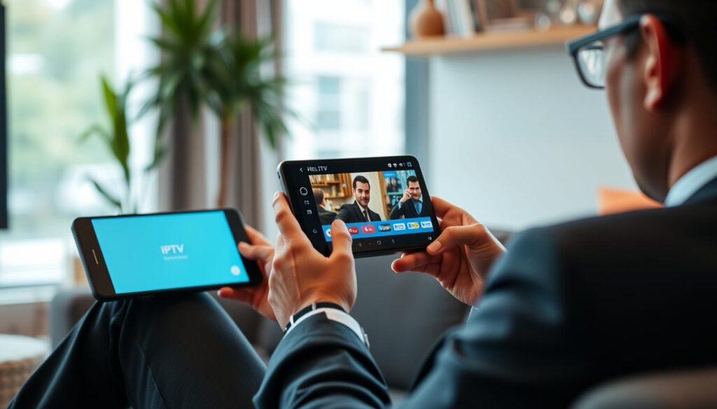 Generate an image of a Canadian mobile user enjoying IPTV on their device with Kick LTV's interface.