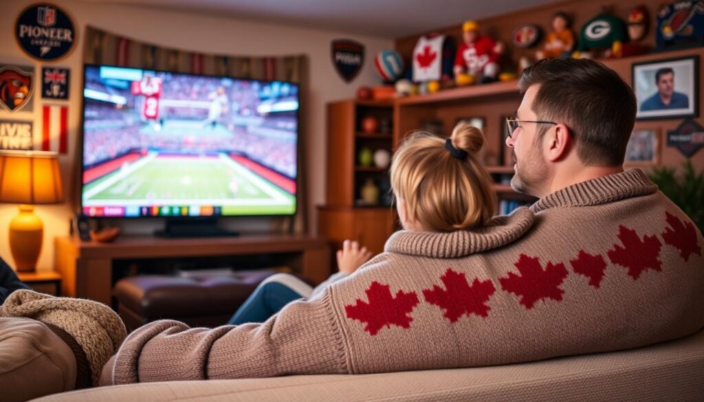 Generate an image of a Canadian sports fan enjoying a live sports event on their TV with Pioneer TV IPTV service.