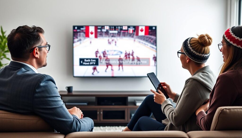 Generate an image of a Canadian sports fan watching a hockey game on IPTV.