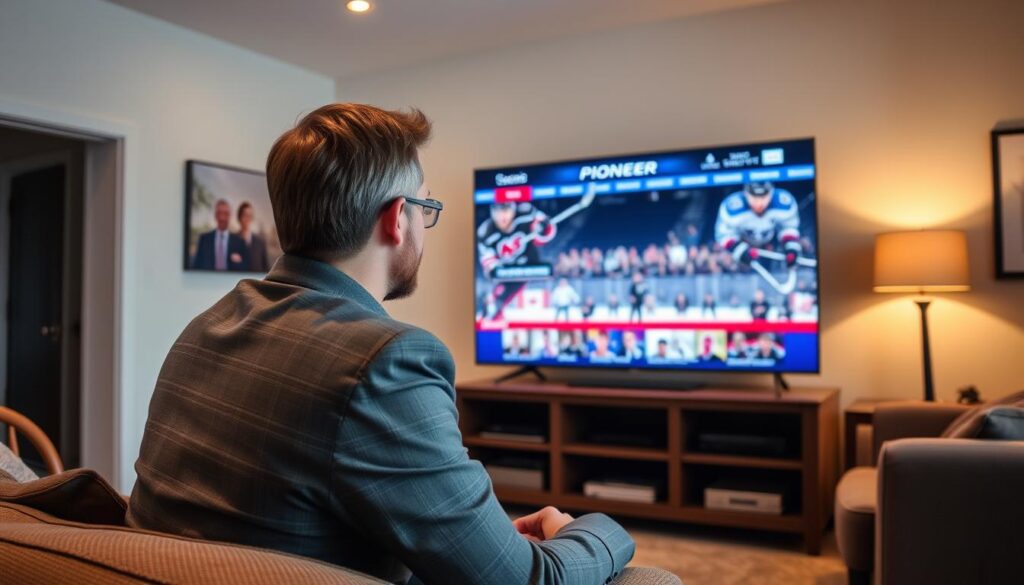 Generate an image of a Canadian sports fan watching a hockey game on Pioneer TV with multiple sports channels displayed. Generate an image of a Canadian sports fan watching a hockey game on Pioneer TV with multiple sports channels displayed.