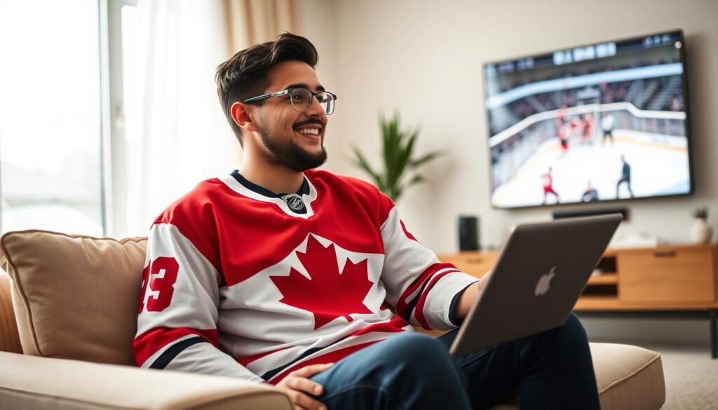 Generate an image of a Canadian sports fan watching a hockey game on their TV with a satisfied expression.