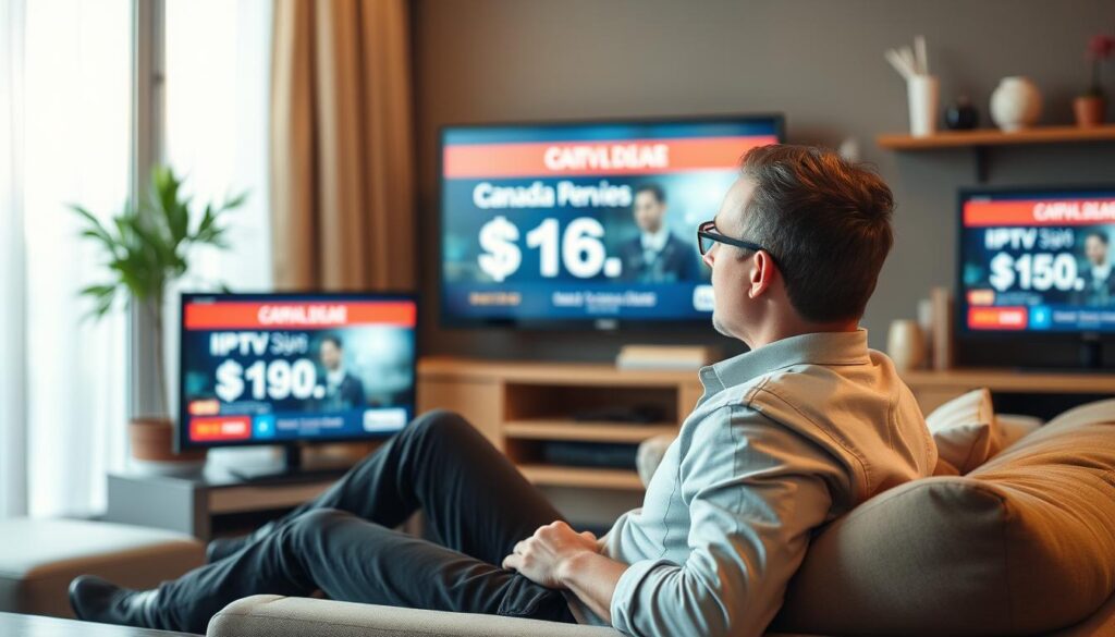 Generate an image of a Canadian viewer enjoying IPTV Service on their TV with a budget-friendly price tag. Generate an image of a Canadian viewer enjoying IPTV Service on their TV with a budget-friendly price tag.