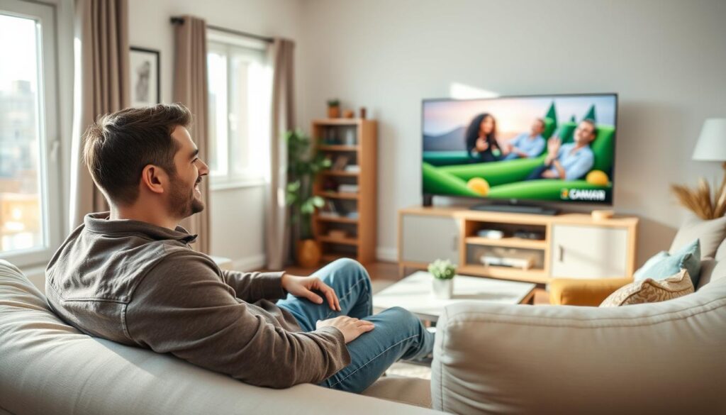 Generate an image of a Canadian viewer enjoying their favorite TV show on a budget-friendly IPTV service.