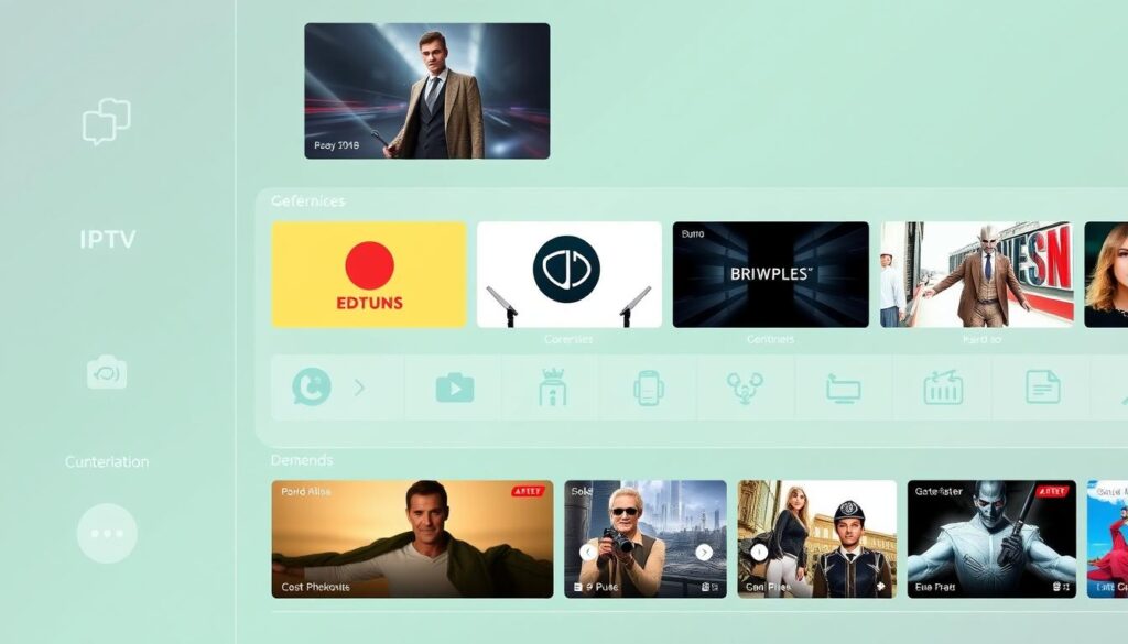 Generate an image of a French-language IPTV service interface showcasing various channels and on-demand content. Generate an image of a French-language IPTV service interface showcasing various channels and on-demand content.