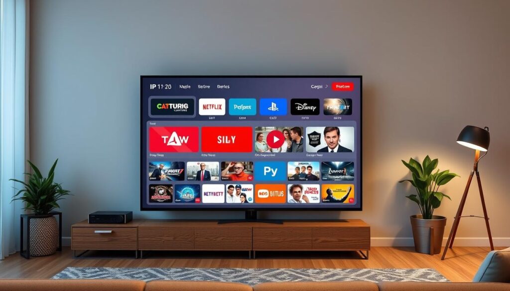 Generate an image of a TV screen displaying various channels and on-demand content available through xteam iptv.