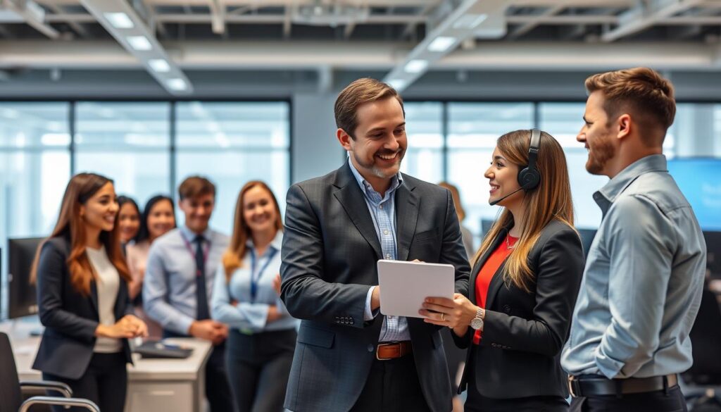 Generate an image of a TiVistation customer support team assisting a new subscriber.