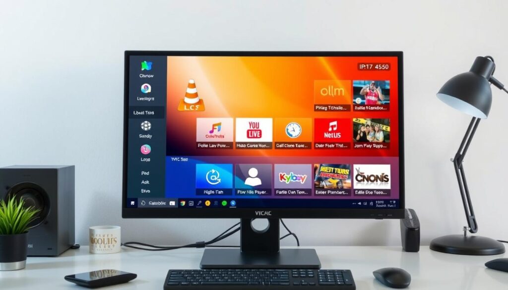 Generate an image of a computer screen displaying VLC Media Player with IPTV content