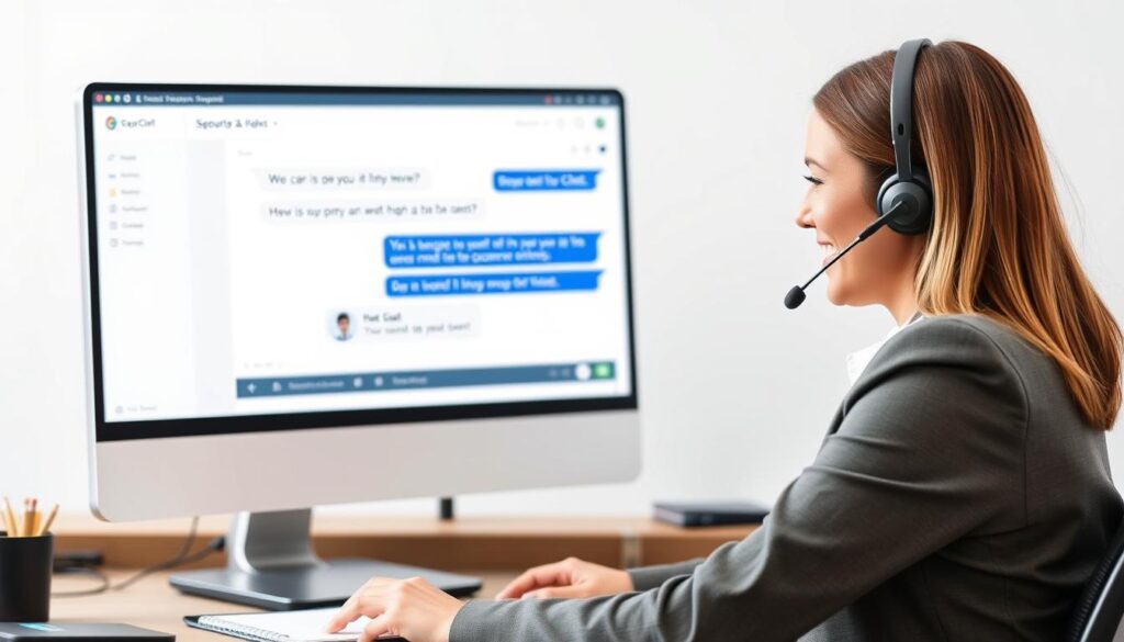 Generate an image of a customer support representative assisting a client via live chat on a website.