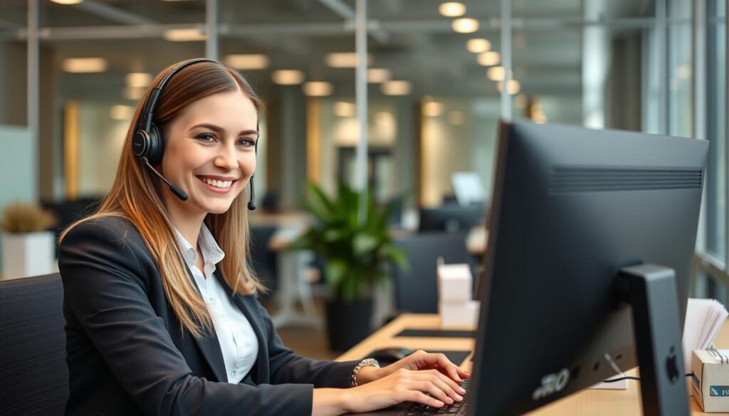 Generate an image of a customer support representative assisting a subscriber through live chat.