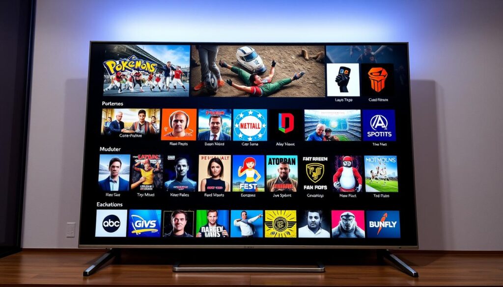 Generate an image of a diverse TV channel lineup on a modern IPTV screen Generate an image of a diverse TV channel lineup on a modern IPTV screen