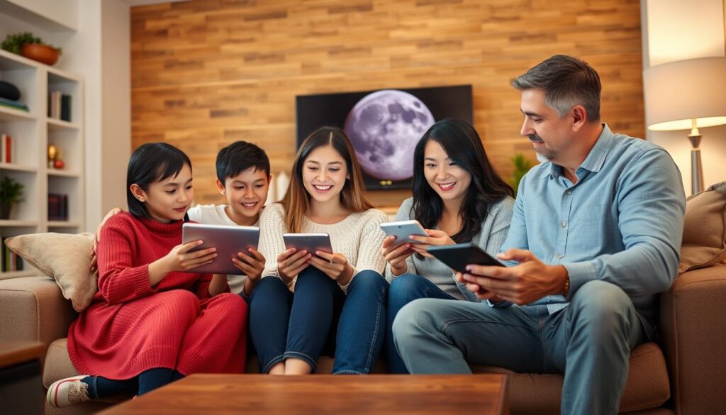 Generate an image of a family watching TV on multiple devices.