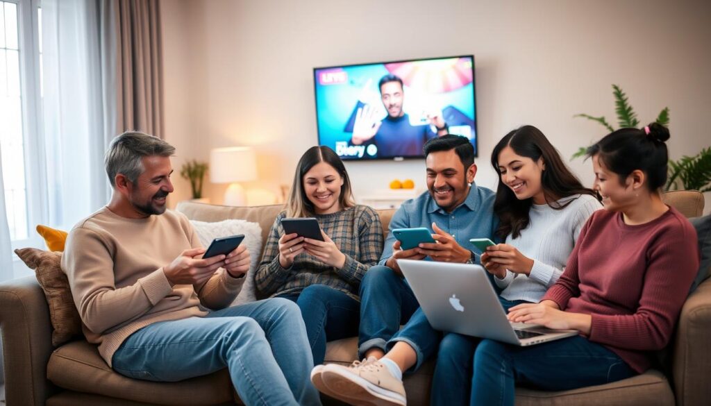 Generate an image of a family watching different TV shows on multiple devices simultaneously Generate an image of a family watching different TV shows on multiple devices simultaneously