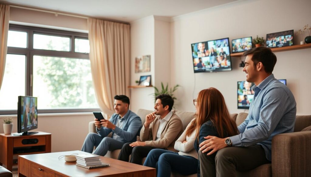 Generate an image of a family watching different channels on various devices using Kick IPTV.