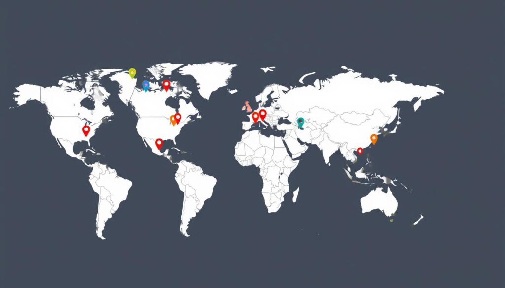 Generate an image of a global map highlighting server locations.