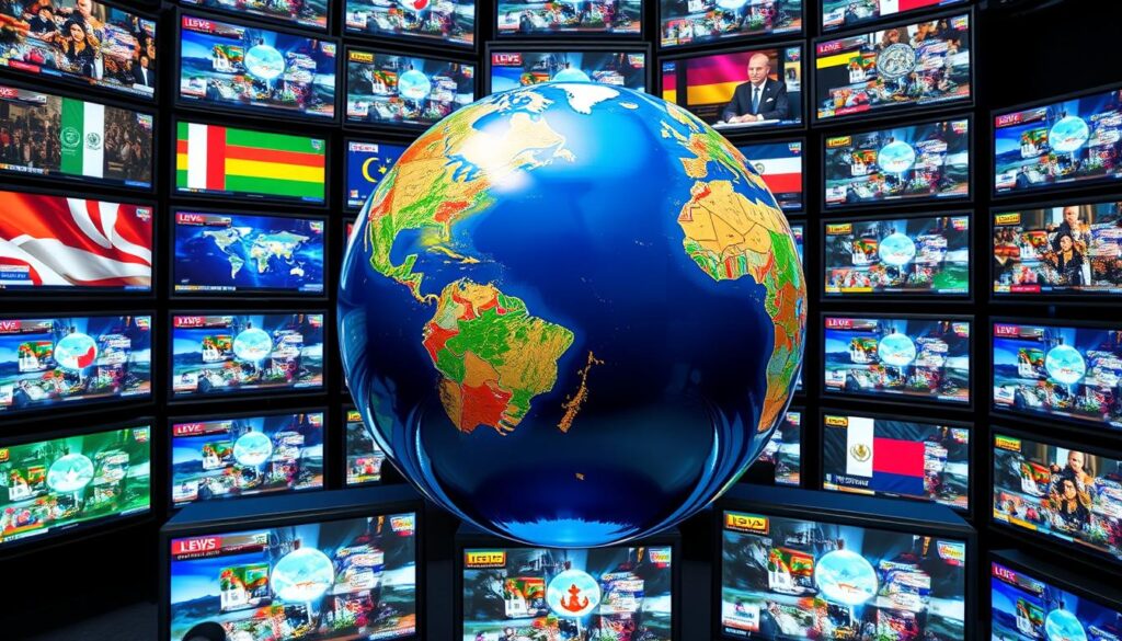 Generate an image of a globe surrounded by various TV screens displaying different international channels.