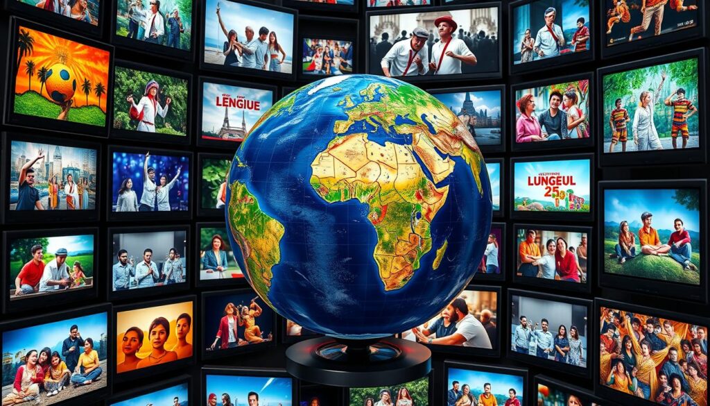 Generate an image of a globe surrounded by various TV screens displaying different languages and cultures.