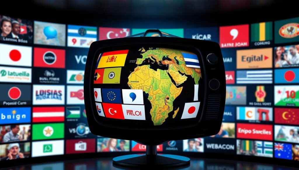 Generate an image of a globe with a TV screen displaying international channels.