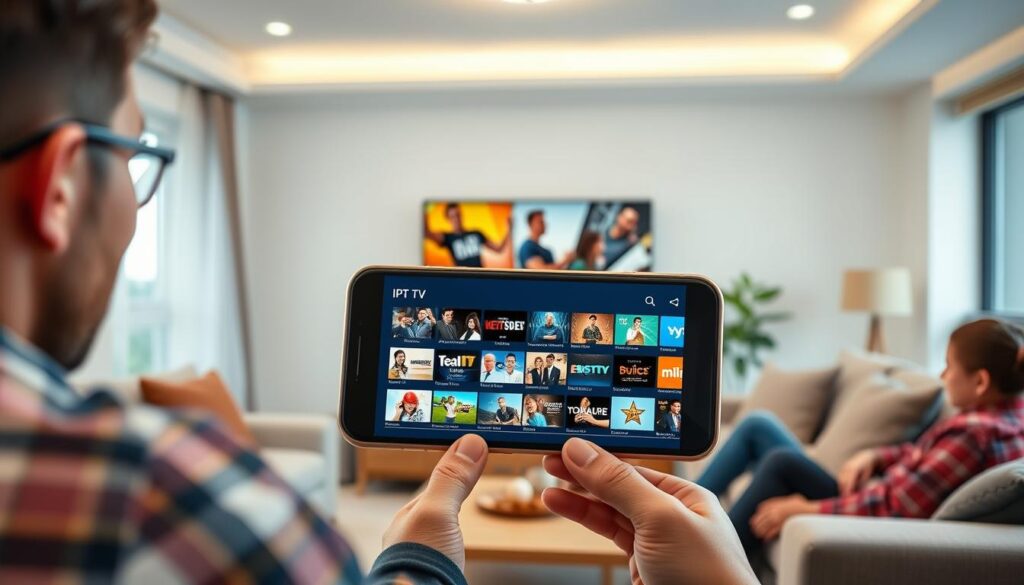 Generate an image of a mobile device displaying IPTV content