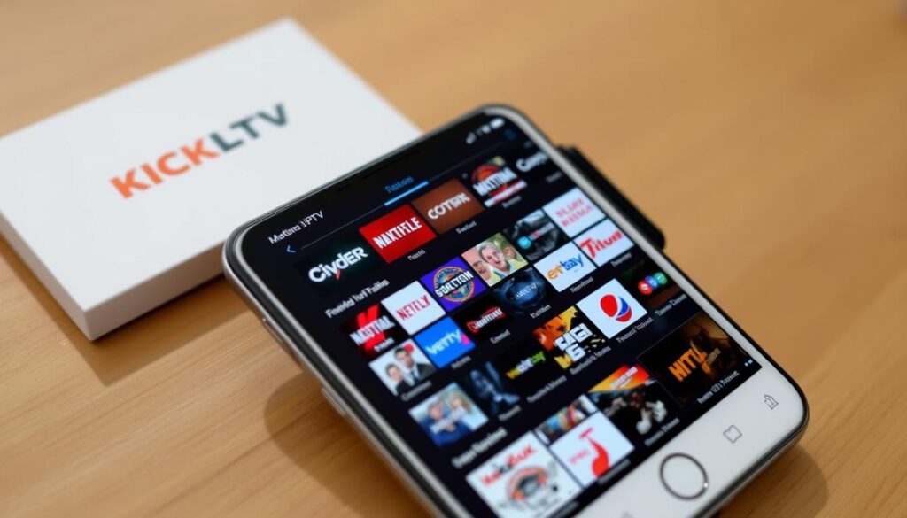 Generate an image of a mobile device displaying a variety of channels on the Kick LTV IPTV app.