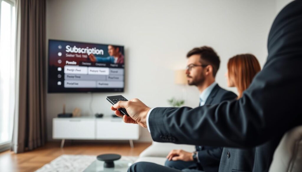 Generate an image of a person choosing a subscription plan on their TV.