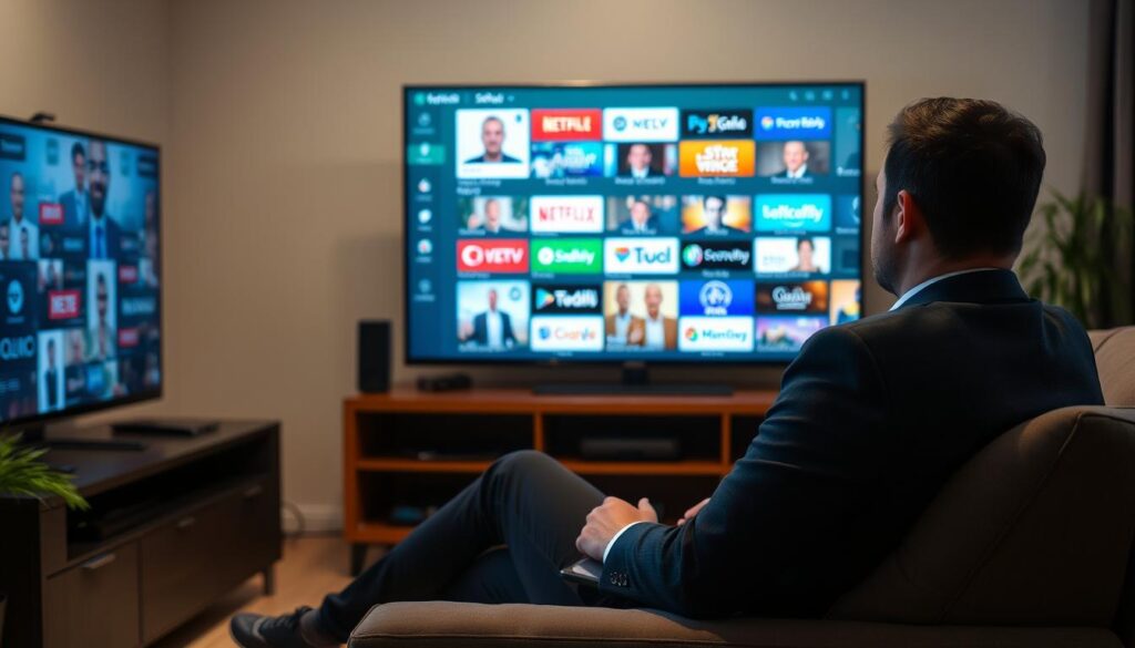 Generate an image of a person comfortably watching TV with a variety of channels on the screen. Generate an image of a person comfortably watching TV with a variety of channels on the screen.